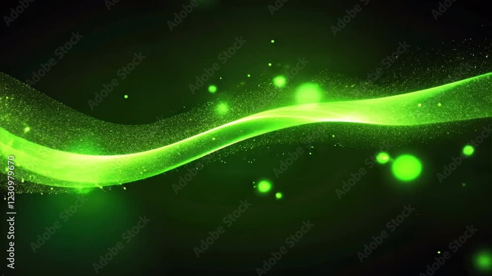 Poster dynamic green wave abstract design with sparkling particles and light energy background for vibrant 