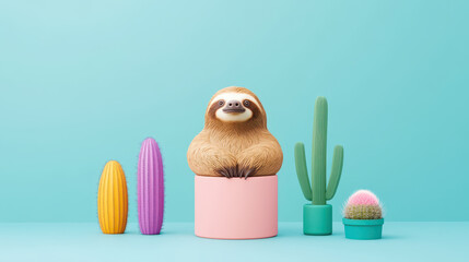 Cute sloth sitting in pink pot surrounded by cacti on blue background