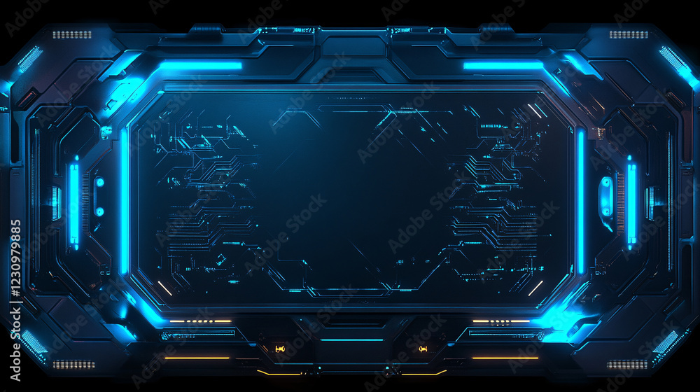 Poster a high-tech 3d render of a hud digital frame featuring glowing blue lines, symbolizing innovation an