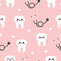 Seamless pattern with cute teeth and stethoscope in kawaii style. Suitable for wallpaper, background, wrapping paper, fabrics, textile, packaging, etc