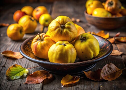 Close-up Japanese Quince Fruit in Ceramic Bowl, Golden Ripe Marmelo Photography