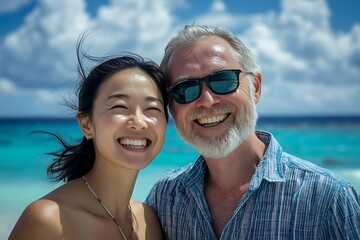 Obraz premium An Asian woman beams with a smile alongside a cheerful Caucasian man, both enjoying the beautiful view of the glistening ocean.