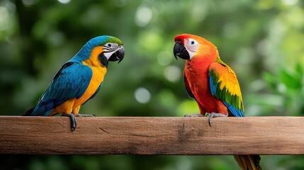 Vibrant tropical birds engage in lively conversation amid lush greenery