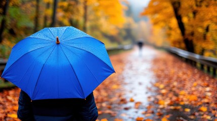 Walking through a foggy forest with an umbrella on a crisp autumn day