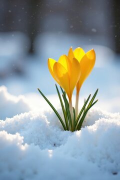Yellow crocuses sprouting from a layer of snow, small, winter