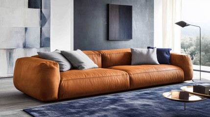 A minimalist modern living room with a terracotta-colored sofa, soft gray cushions, and a striking navy blue area rug