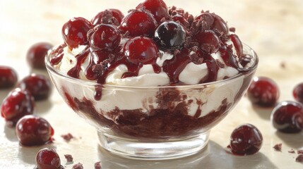 Delicious dessert bowl filled with creamy layers, topped with fresh cherries and syrup, on a light background