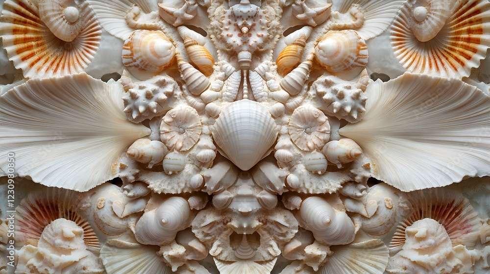 Poster a collection of assorted seashells arranged symmetrically