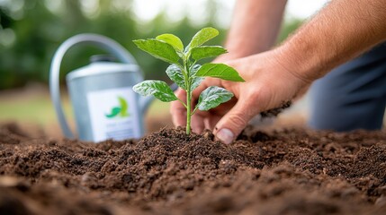 Hand planting a small tree sapling in fertile soil surrounded by nature