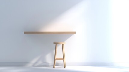 Minimalist White Room Interior with Wooden Stool and Shelf