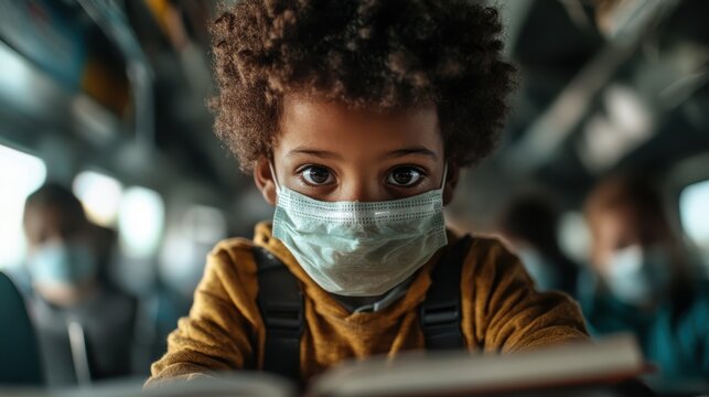 Black schoolboy focused on learning during class in a challenging time