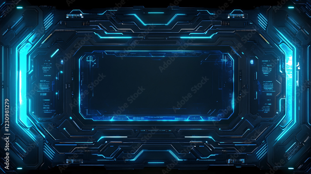 Aufkleber a high-tech 3d render of a hud digital frame illuminated by glowing blue lines, representing the fut
