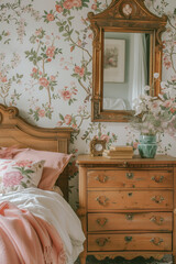 Bedroom Interior Design in Provence Style. Wooden Furniture and European Style