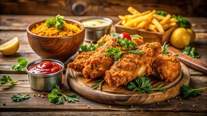 Crispy Chicken Delight on a Rustic Wooden Table with Fresh Herbs and Dipping Sauces, Perfect for Culinary Photography, Food Styling, and Gourmet Recipes