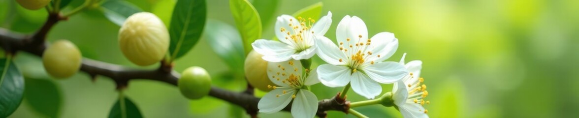Fototapeta premium Macadamia tree with white blossoms in full bloom, bloom, botanical, greenery
