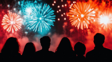 Silhouettes of people watching vibrant fireworks in the night sky, creating a festive and celebratory atmosphere.