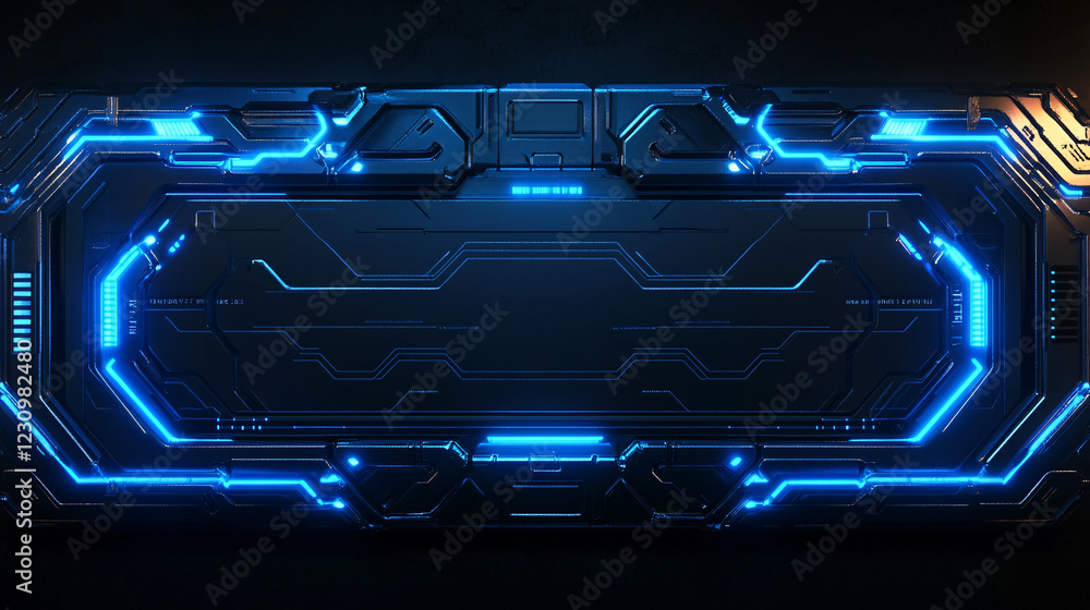 Aufkleber an advanced and high-tech 3d render of a hud digital frame illuminated by glowing blue lines, showca