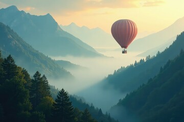 Naklejka premium Serene airships glide through misty mountain valleys, peaceful scenery, air balloons drifting mountains forests foggy misty