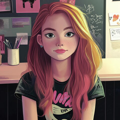 Stylish Cartoon Portrait &ndash; Modern Digital Art of a Trendy Young Woman