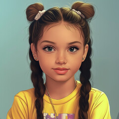 90s Style Cartoon Portrait &ndash; Cute Digital Art of a Trendy Girl with Braids