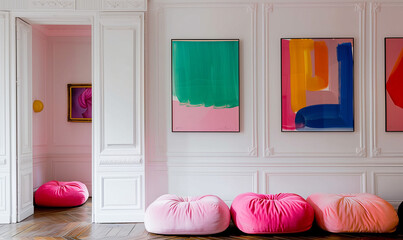 Wall with Art. Modern living room. Memphis Style (Pop Art)
