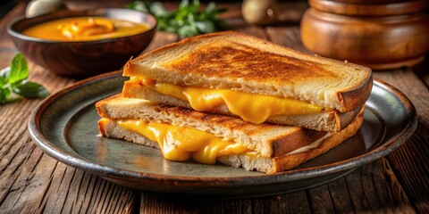 Delicious Homemade Toasted Grilled Cheese Sandwich on Rustic Plate in Scandinavian Style with Melted Cheddar and Fresh Bread for Lunch or Dinner
