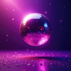 Obraz premium Sparkling purple disco ball suspended in mid air, light rays, glitter