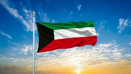  Kuwait, waving flag of Kuwait on pole white background 