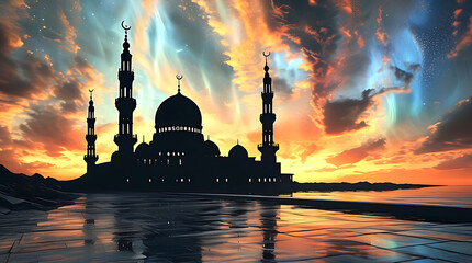 Fototapeta premium Majestic Mosque Against a Stunning Night Sky With Glowing Minarets and Domes