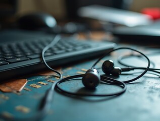 Tangled earphones lying on a cluttered desk with keyboard and mouse