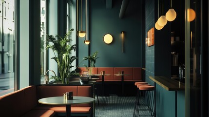 A stylish urban cafe with muted teal walls, warm coral seating, and soft gold ambient lighting