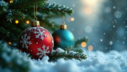Swirling snowflakes encircle glittering ornaments amidst evergreen branches, evergreen, winter