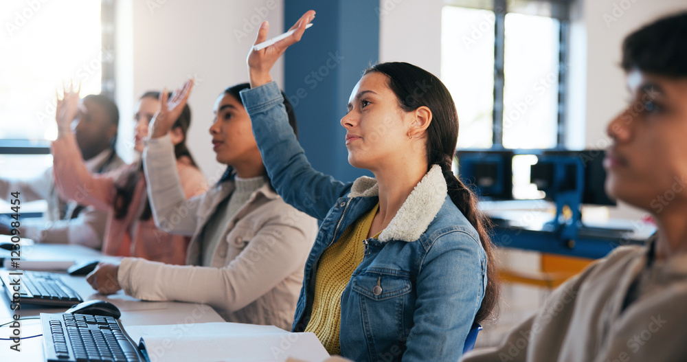 Aufkleber people, students and hands raised with question in classroom for lesson, lecture or presentation at 