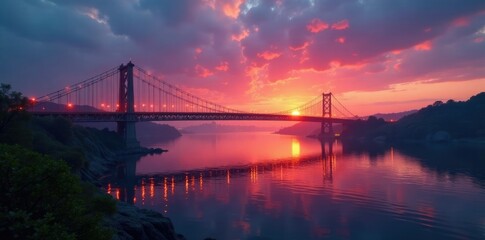 Obraz premium A bridge stretches across the dark waters of a river at dawn, bridge, water