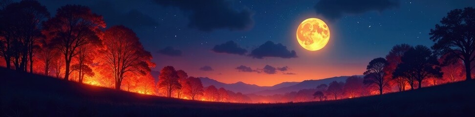 A burning forest with trees silhouetted against the night sky, moon, flames, stars