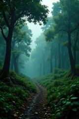 Fototapeta premium A cyclone hits a dense forest, uprooting trees, foliage, storm damage, branches