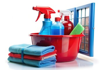 Red & Blue Window Cleaning Supplies in Bowl - Stock Photo