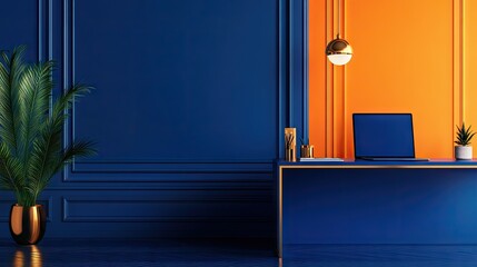 A vibrant office space with a dark blue desk, bright orange accent wall, and elegant gold details