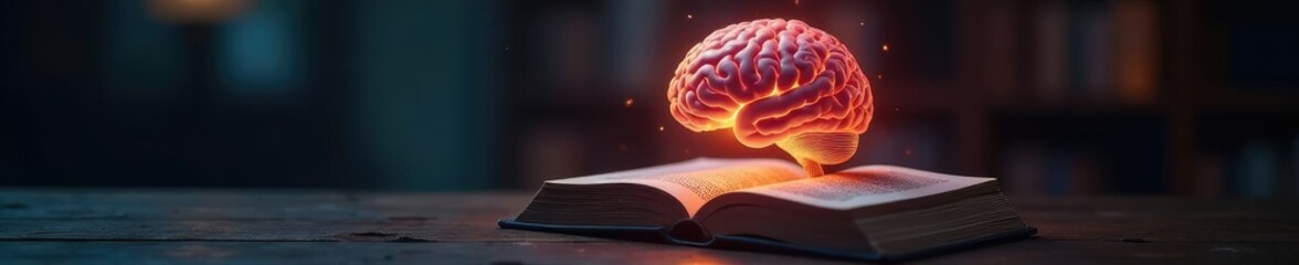 Fototapeta premium A glowing brain hovering over a classic novel with a soft glow, book, neuroscience, intellectual