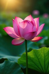 Obraz premium A lotus flower blooms with dew-kissed petals in the morning light, kissed, blooming, delicate