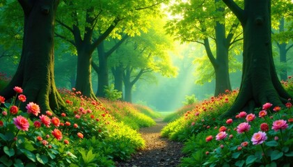 Fototapeta premium A lush green forest with colorful flowers and trees, plant life, spring