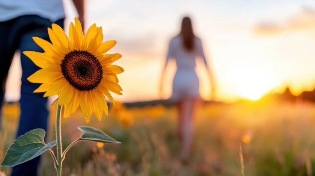 Couple strolls hand in hand through a vibrant sunflower field at sunset