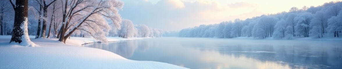 A peaceful winter landscape with snow-covered trees and a frozen lake in the background, icy waters, peaceful scenery