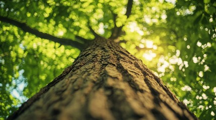 Fototapeta premium Looking up at a majestic tree, sunlight filtering through leaves.