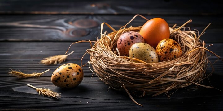 Easter Egg Nest Photography: Brown Straw Ball, Black Wood, Natural Cosmetics