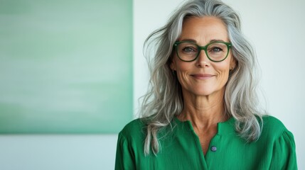 Cheerful middle-aged woman in green attire exudes warmth and confidence