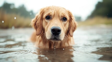 Golden retriever splashes joyfully in a serene forest stream on a sunny day