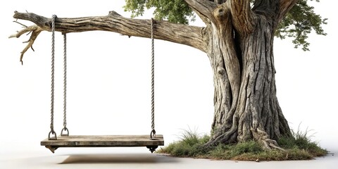 Rustic Wooden Swing Hanging from Tree, Isolated on White Background - Perfect for Nostalgia and Childhood Themes