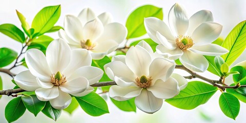 Obraz premium White Magnolia Blossoms and Lush Green Leaves on a Serene White Background - Nature's Elegance Captured in Blooming Flowers