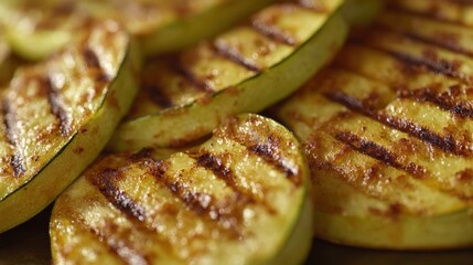 Close-Up of Perfectly Charred Grilled Zucchini Slices Captured in Warm Light, Showcasing a Healthy Meal Presentation in a Rustic Setting